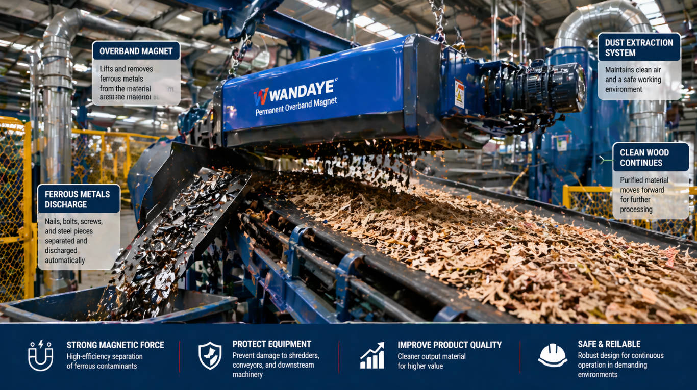Overband Permanent Magnet Above Shredded Wood Conveyor