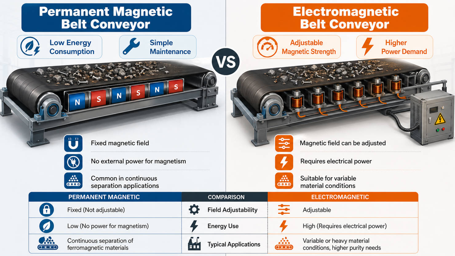 Permanent And Electromagnetic Magnetic Conveyor Comparison