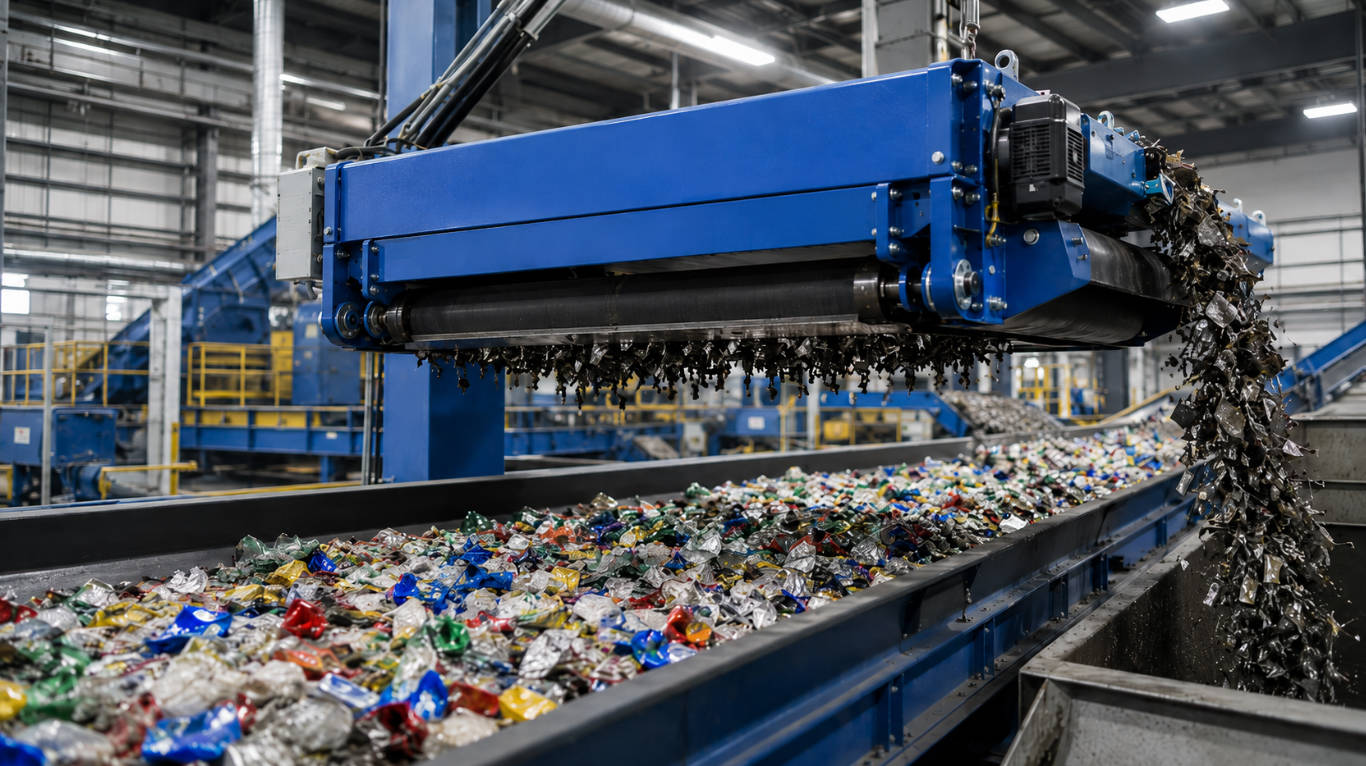Permanent Overband Magnet Above Plastic Conveyor